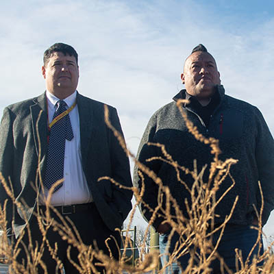 Andrew Knife Chief and Adrian Spottedhorsechief at a fracking site near Cushing 