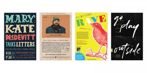 Past posters of ADCT speakers (Mary Kate McDewitt, Aaron Draplin, Robynne Raye, Kim Knoll)