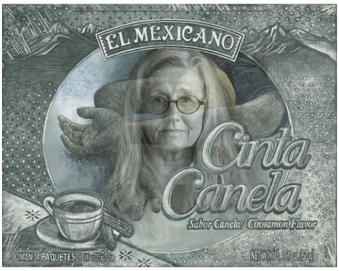 Alice Leora Briggs, superimposed on her sgraffito drawing “Cinta Canela” 