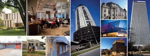 Clockwise from top left, Westhope, The Vault, 
The University Club Tower, First Christian Church, BOK Center, BOK Tower, The Mayo Hotel, Center 1, Tulsa Fire Alarm Building and a Lortondale home 