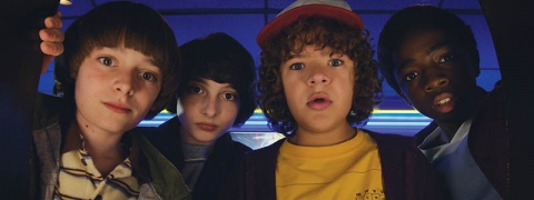 Noah Schnapp, Finn Wolfhard, Gaten Matarazzo, and Caleb McLaughlin in “Stranger Things” 