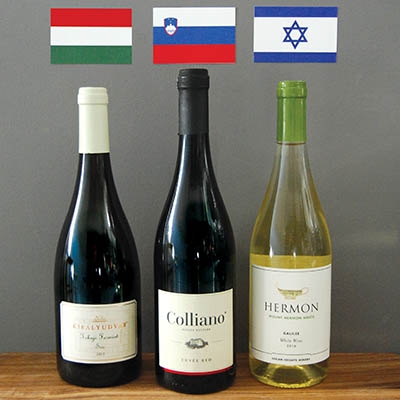 From left: Kiralyudvar, a dry Furmint from Hungary; Colliano Cuvée Red from Slovenia; 
and a white blend from Israel’s Mount Hermon.