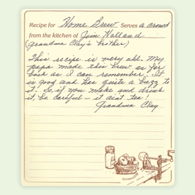 Handwritten note by Irene Holland Clay adjacent to family beer recipe