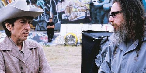 Larry Charles and Bob Dylan on the set of Masked and Anonymous.