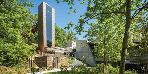 North tower and lobby at Crystal Bridges Museum of Art (added in 2017) from the north lawn