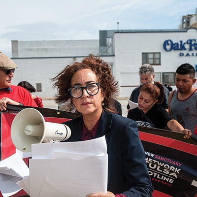 Linda Allegro, New Sanctuary Network Tulsa project director, and protestors outside David L. Moss 
Criminal Justice Center last fall.