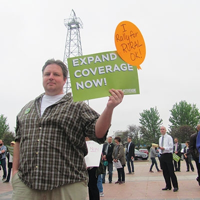 Joseph Brooks from Comanche County advocates for Medicaid expansion during the Rally to Expand Coverage at the Oklahoma State Capitol.
