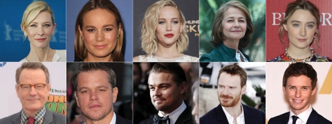 Left to right, top row: Cate Blanchett (Denis Makarenko), Brie Larson (Helga Esteb), Jennifer Lawrence (Tinseltown), Charlotte Rampling (PAN Photo Agency), Saoirse Ronan (Helga Esteb)
Left to right, bottom row: Bryan Cranston (Helga Esteb), Matt Damon (S Bukley), Leonardo DiCaprio (Andrea Raffin), Michael Fassbender (Andrea Raffin), Eddie Redmayne (DFree)